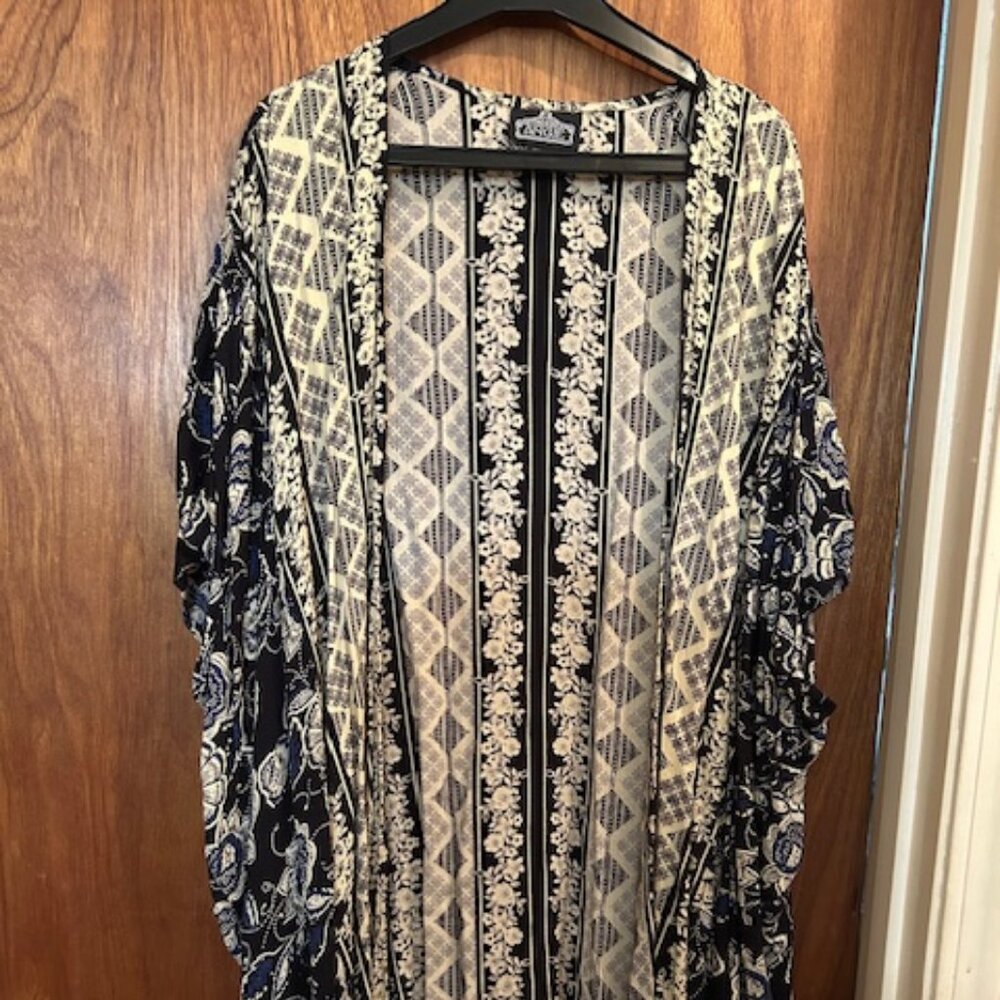 Umgee Black Beige Floral Kimono – Lightweight Boho Open Front Cardigan Size M